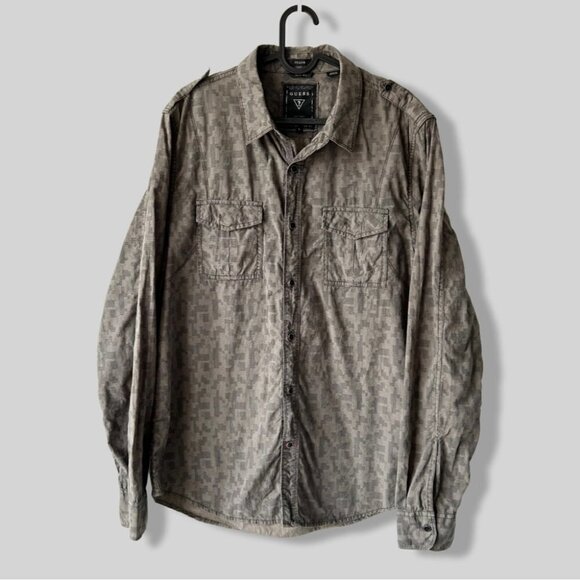 Guess Dillon Military Style Slim  Fit Button Down Shirt - Picture 1 of 13